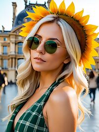A petite platinum blonde in a green sundress strolls through the Louvre at dusk